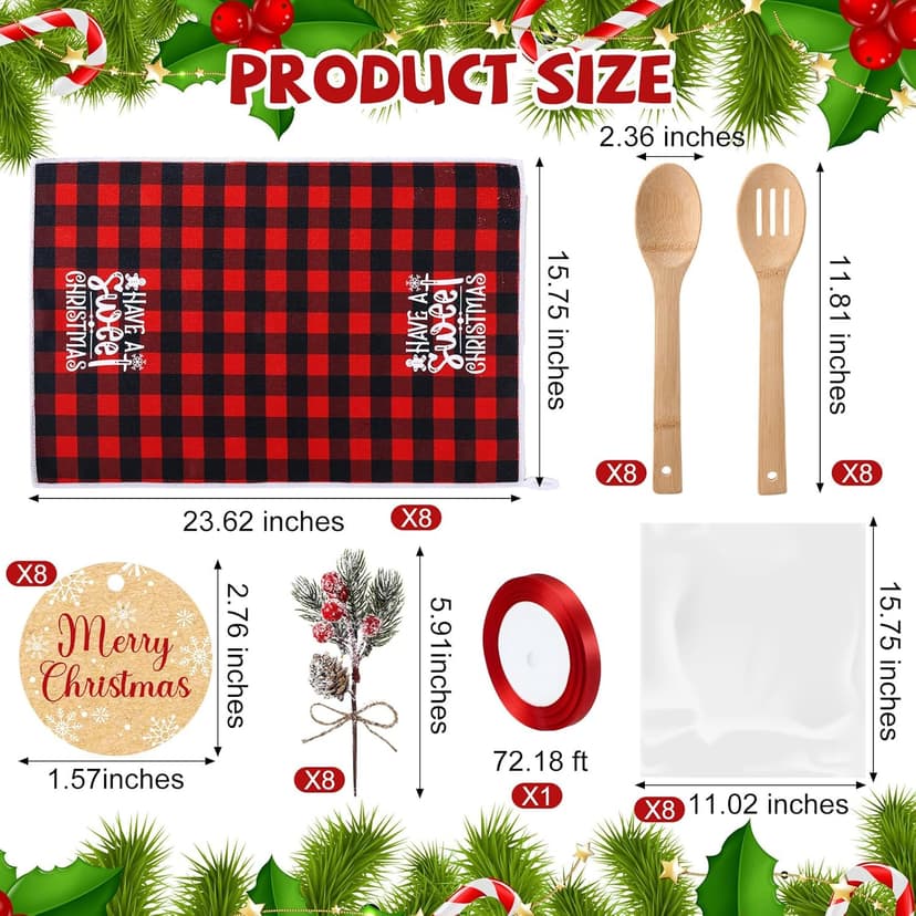 Pinkunn 8 Set Christmas Kitchen Gifts Bulk Xmas Dish Towels and Wooden Spoons Pine Picks Thank You Tag Ribbon Holiday Cooking Utensils Housewarming Gifts for Neighbor Employee Kitchen Xmas(Festive)