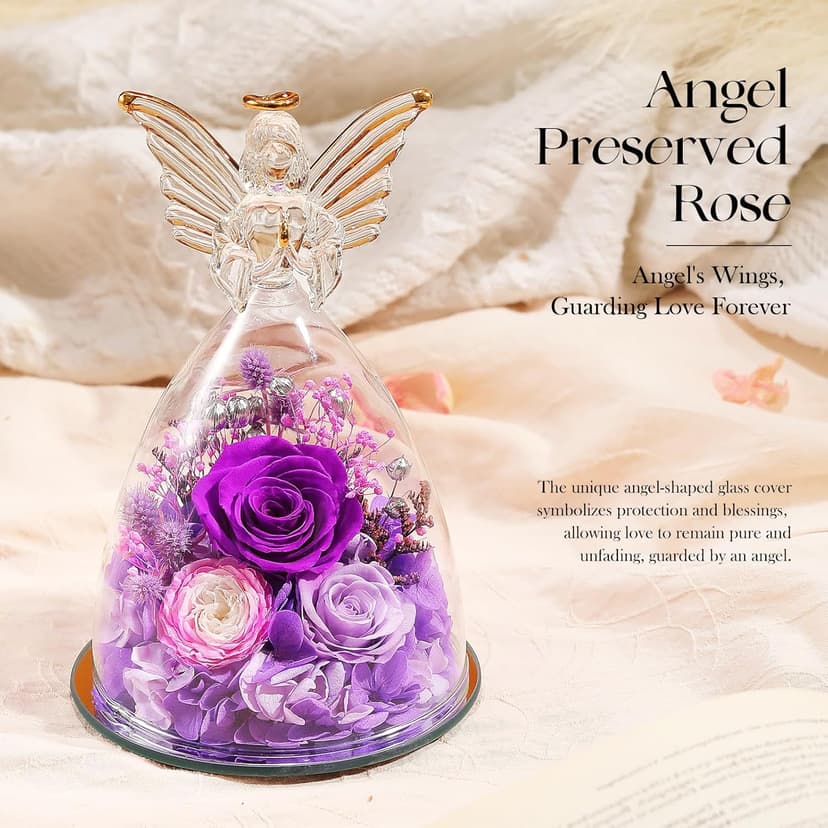 RoseValley Angel Roses Gifts for Mom,Preserved Real Flowers Roses in Glass Angel Figurines,Christmas Birthday Gifts for Grandma Women Mom Wife Mother in Law/Purple