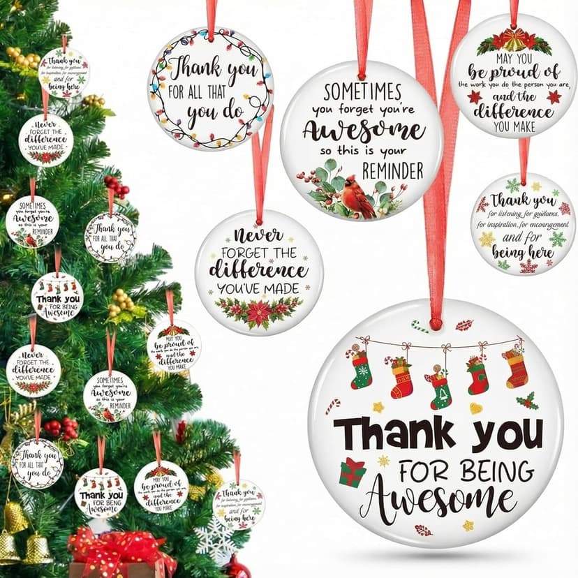 Barydat 12 Pcs Christmas Ornaments Employee Appreciation Gifts Bulk for Coworkers, Christmas Tree Ceramic Plaque Hanging Ornaments with Rope for Xmas Thanksgiving Teachers Nurses Gifts (Classic)