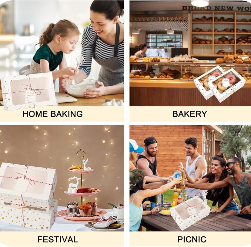 24 Sets Christmas Cookie Boxes with Window Treat and Pastry 9x6x3 Inches Gold Bakery Boxes Container for Gift Giving Christmas Chocolate Covered Strawberries,Donut,Mini Cake Packaging Boxes