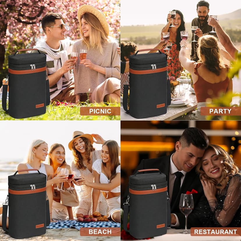 2 Bottle Wine Bag Wine Cooler Carrier Wine Gift Tote Bag, Leakproof & Insulated Bottle Bags for Travel, BYOB, Beach, Dinner, Party, Christmas Gifts for Wines Lovers Women Men - Black