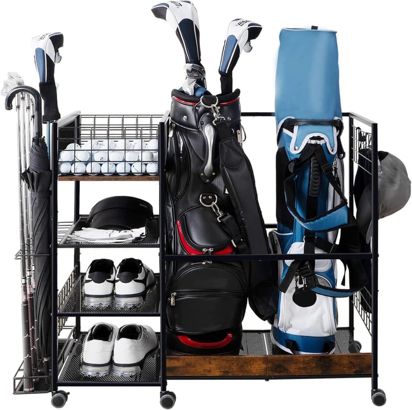 Golf Bag Organizer for Garage, Golf Accessories for Men Women, Golf Bag Stand, Golf Storage Organizer with 2 Hooks, Storage Rack for 2 Golf Bags, Sports Equipment Organize, Golf Club Holder