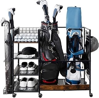Golf Bag Organizer for Garage, Golf Accessories for Men Women, Golf Bag Stand, Golf Storage Organizer with 2 Hooks, Storage Rack for 2 Golf Bags, Sports Equipment Organize, Golf Club Holder
