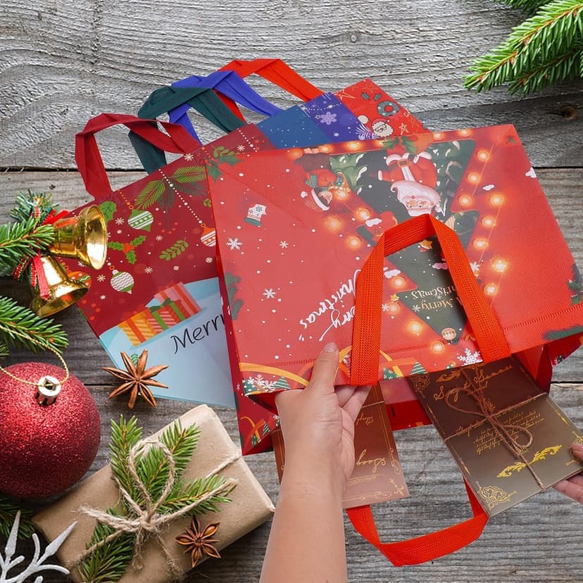 Heetobcos 12 Pack Christmas Gift Bags Large Reusable Tote Bags, Non-Wove Bags for New Year's Shopping, Christmas Surprise, Xmas Party Supplies,12.8"×9.8"×6.7"