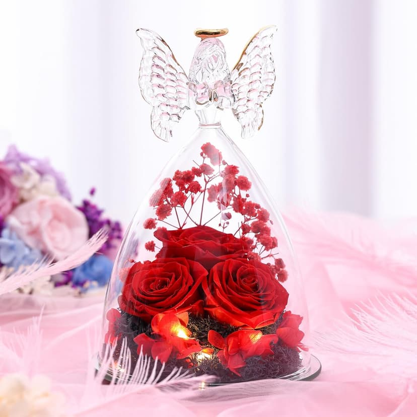 Mothers Day Mom Gifts for Women Preserved Flowers in Glass Angel Forever Flowers Gifts Eternal Roses Gifts for Grandma - Red
