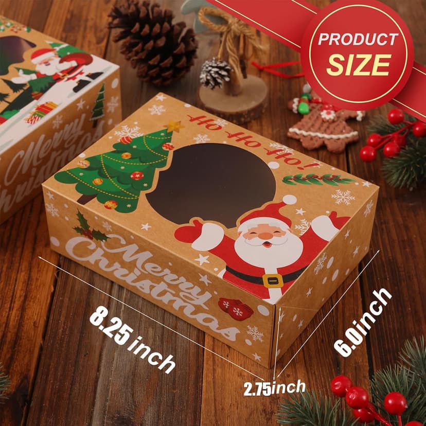 24 Pack Christmas Cookie Boxes - 8.25"x6"x2.75" Brown Kraft Bakery Box with Window for Holiday Treats, Gift Exchange Box for Baked Goods, Cookie Tins with Lids for Gift Giving