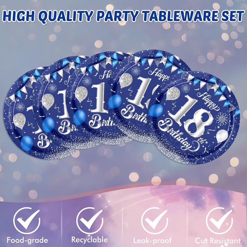 Blue 18th Birthday Decorations for Boys Girls Navy Blue Silver Happy 18th Birthday Napkins Tablecloth Plates for 18th Birthday Anniversary Party Supplies Year Old Party Decorations