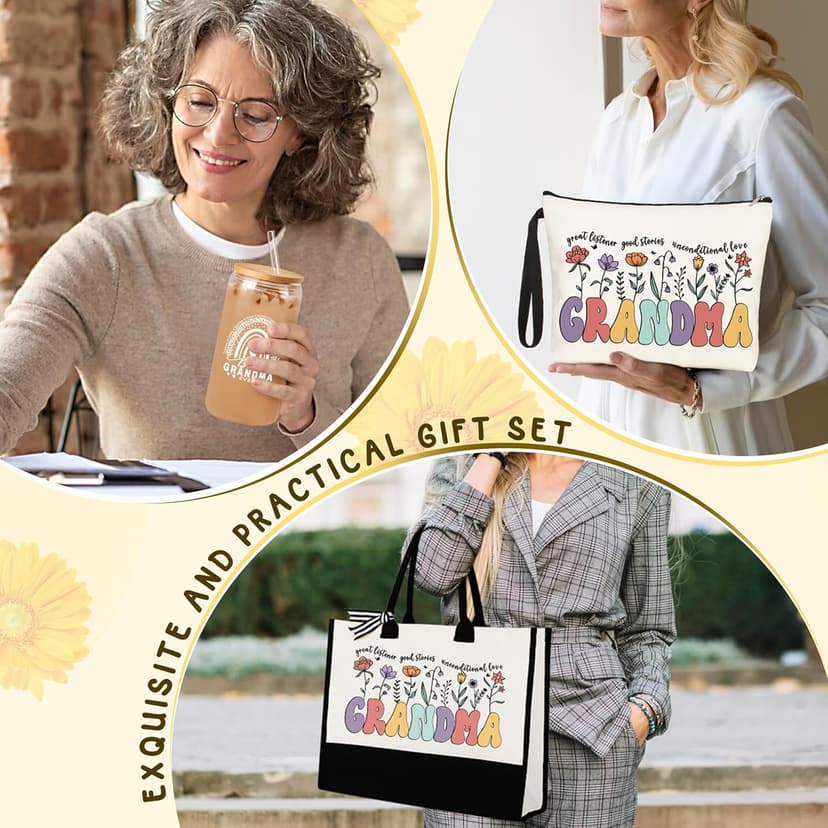 Grandma Gifts for Birthday Tote Bag Grandma Gifts Set from Granddaughter Grandson Grandchildren Grandkids Best Grandma Gifts Basket Tote Bag Makeup Bag 16 Oz Can Glass Bead Bracelet