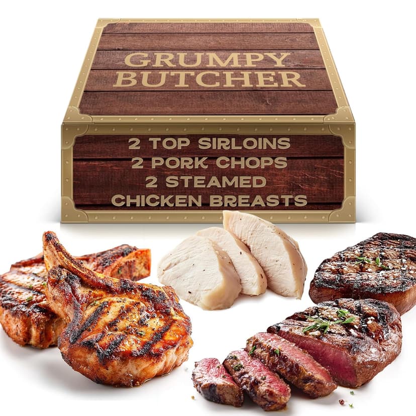 Grumpy Butcher Box Meat Food Gifts – Includes 2 Top Sirloin Steaks (6 oz), 2 Duroc Bone-In Pork Steaks (14 oz) & 2 Large Fully-Cooked Chicken Breasts – Lean Steak & Premium Meat Gift Box