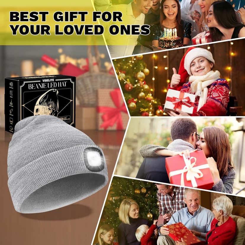 VIBELITE LED Beanie Hat with Light, USB Rechargeable LED Headlamp, Christmas Gifts for Men, Stocking Stuffers for Teen Boys, Dad, Husband, Father, Grey