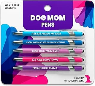 Funny Dog Mom Gift Pen Set – 5 Black Ink Ballpoint Pens with Stylus Tips & Durable Metal Barrels with Hilarious Doggy Quotes – Cute Dog Mom Gift for Women, Fur Mamas, Rescue Lovers, Friends