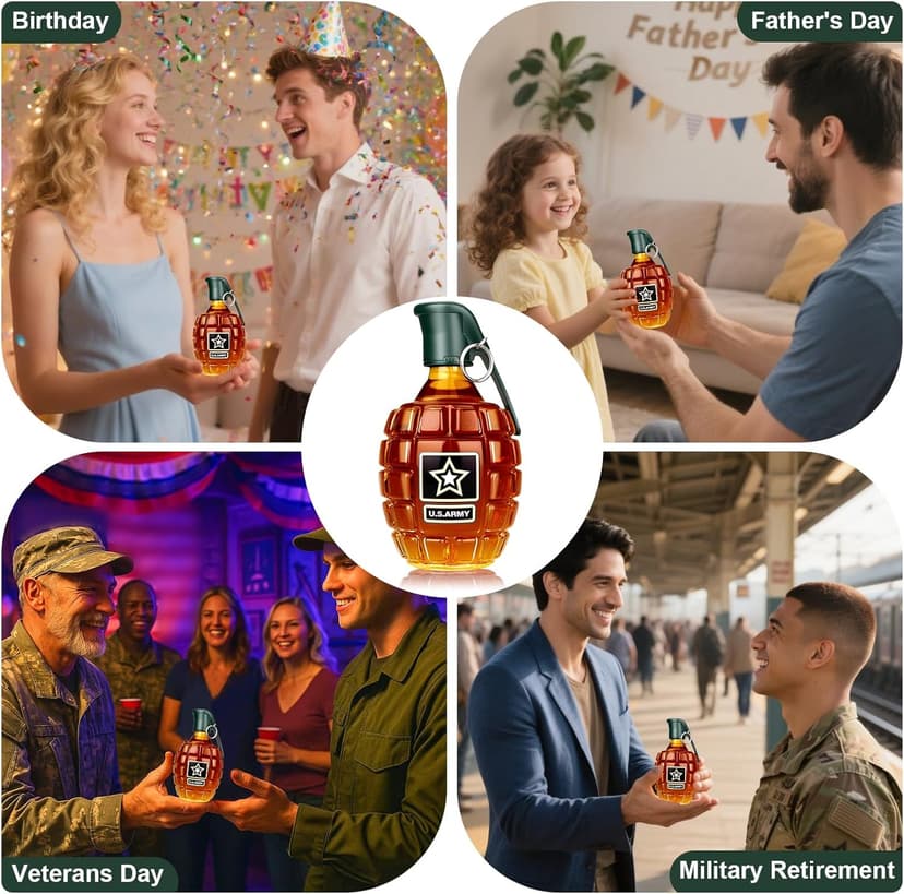 Military Hand Grenade Whiskey Bottle, 300ml Engraved Glass Hand-Grenade Shape Bottle, Leakproof Whiskey Decanter for Men Military Lovers Veteran Gifts