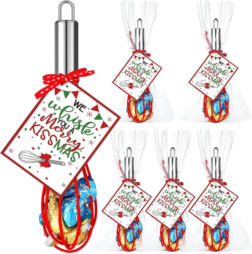 Nuogo 6 Sets Christmas Whisk Baking Supplies Gifts Christmas Neighbor Gifts Includes 8 Inch Stainless Steel Whisk,Greeting Cards,Ribbons,Plastic Bags for Home Cooking Supplies Xmas Stocking Stuffers