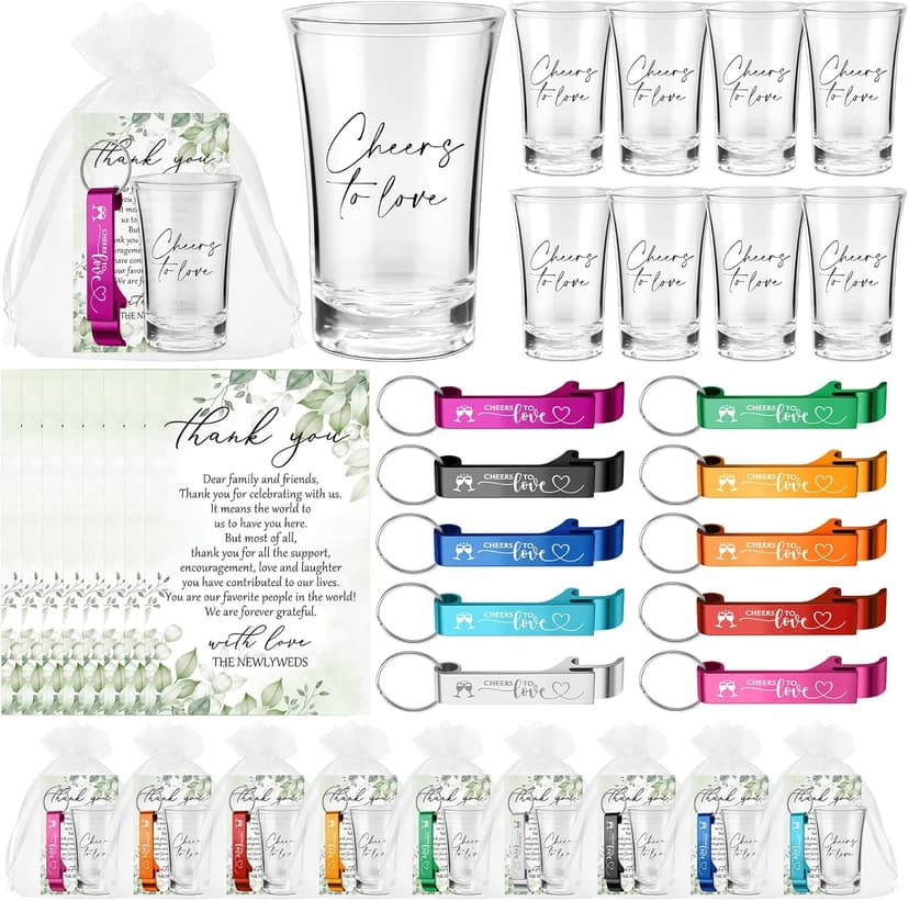 200 Pcs 50 Sets Wedding Favors for Guest Bulk 2 oz Cheers to Love Acrylic Shot Glasses Wedding Bottle Openers with Thank You Cards Bags for Guest Souvenirs Gifts Newlyweds Bridal Shower