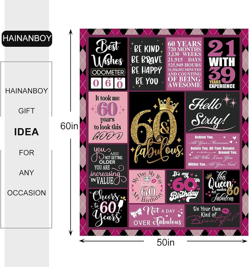 60th Birthday Gifts for Women, 1965 Blanket with Gift Box, Gifts for 60 Year Old Women, Happy 60 Birthday Gifts Ideas, for Woman Turning 60 Decorations 60"x50"