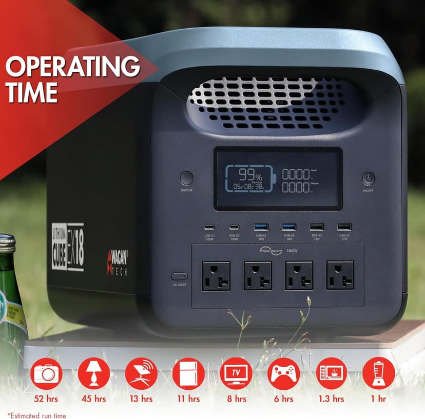Wagan EL8840 Portable Power Station EX18 Lithium Cube Solar Generator 1229Wh LiFePO4 Battery Fast Charge 1800W 3000W peak AC 100W USB-C for Home Backup, Power Outages, Outdoor Camping, Off-grid