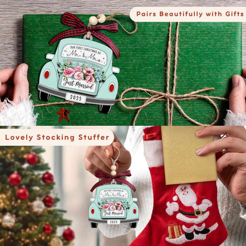 TUMSHANIP First Christmas Married Ornament 2025 - Wedding Ornaments - Wedding Gifts for Couples 2025, Newlyweds, Bride - Mr and Mrs Gifts - Just Married Couple Gift - Wood Ornament