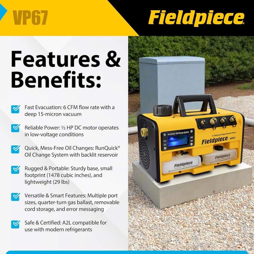 Fieldpiece VP67 Vacuum Pump – 6 CFM, 1/2 HP DC Motor, RunQuick Oil Change System – Portable - Professional HVAC Tool - A2L Compatible