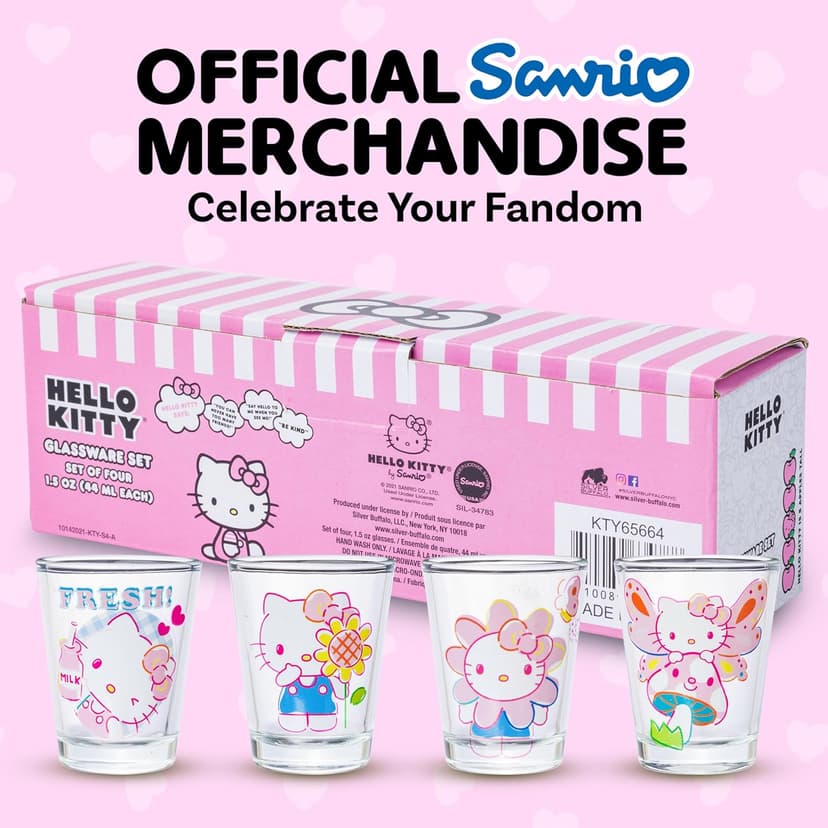 Silver Buffalo Sanrio Hello Kitty Spring Garden Flowers 4 Pack Mini Glass Set, 1.5 Ounces