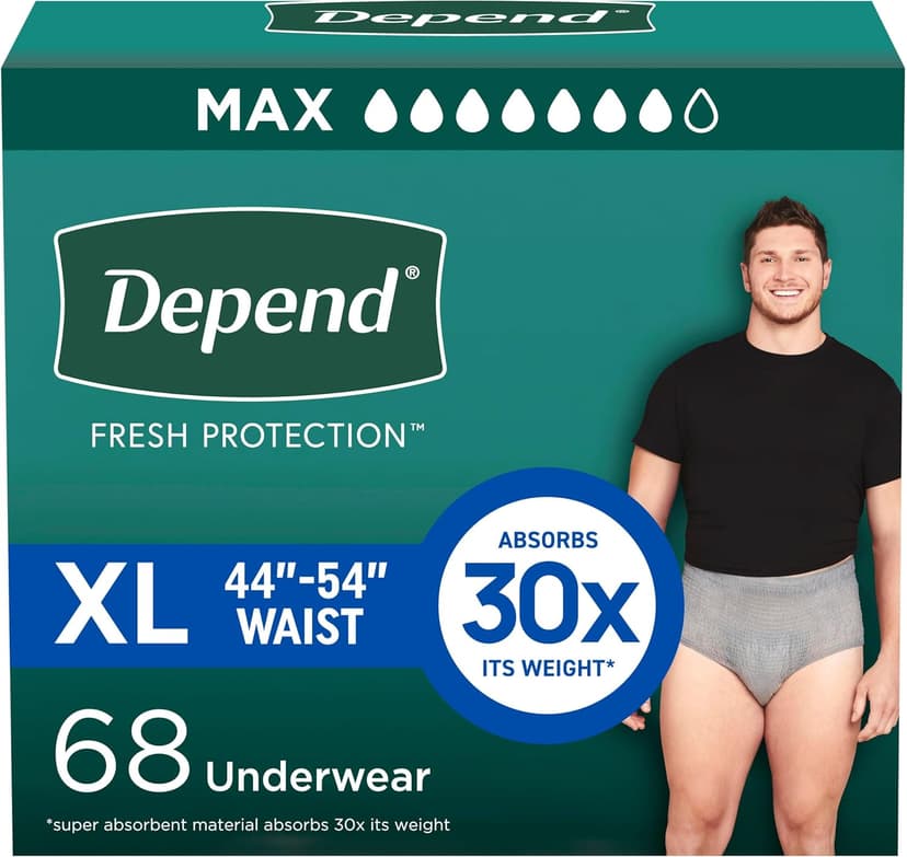 Depend Depend Fresh Protection Adult Incontinence Underwear for Men, Disposable, Maximum, Extra-Large, Grey, 68 Count (2 Packs of 34), Packaging May Vary
