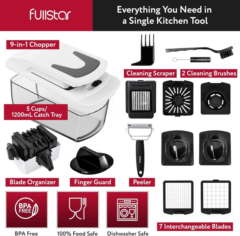 Fullstar The Original Pro Chopper - Vegetable Chopper and Spiralizer, Food Chopper with Container, Fruit Slicer, Kitchen Gadgets & Accessories, Home Essentials (9 in 1, White)
