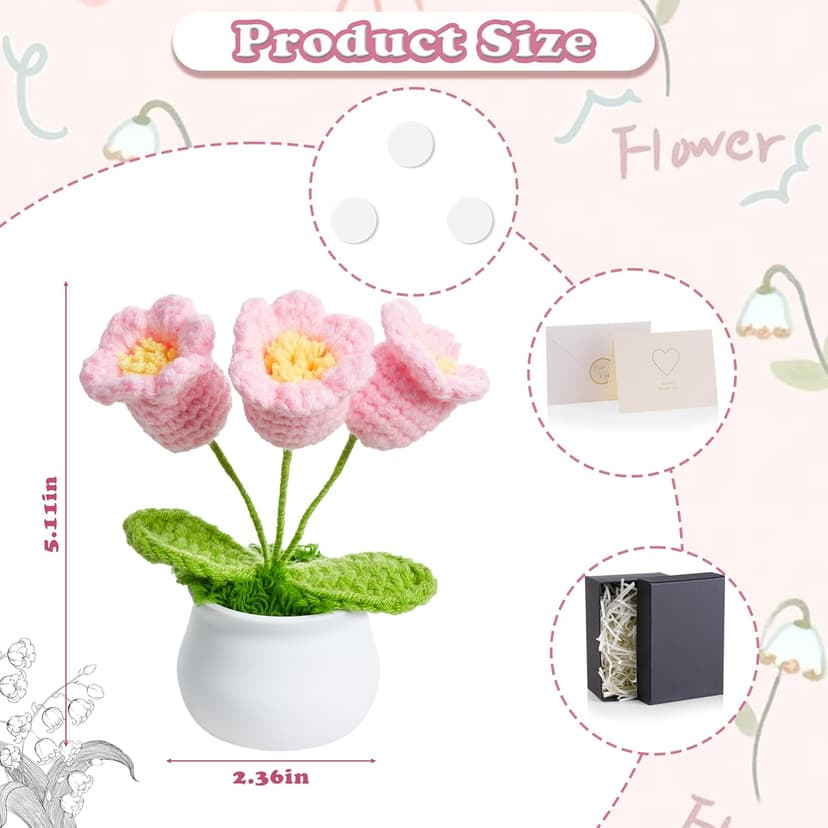 LAIDANLA Crochet Flower Potted, Pink Small Handmade Knitted Flowers Lilly of The Valley for Desk, Christmas Appreciation Birthday Gifts for Women Mom Sister Grandma Coworker Friend Teacher