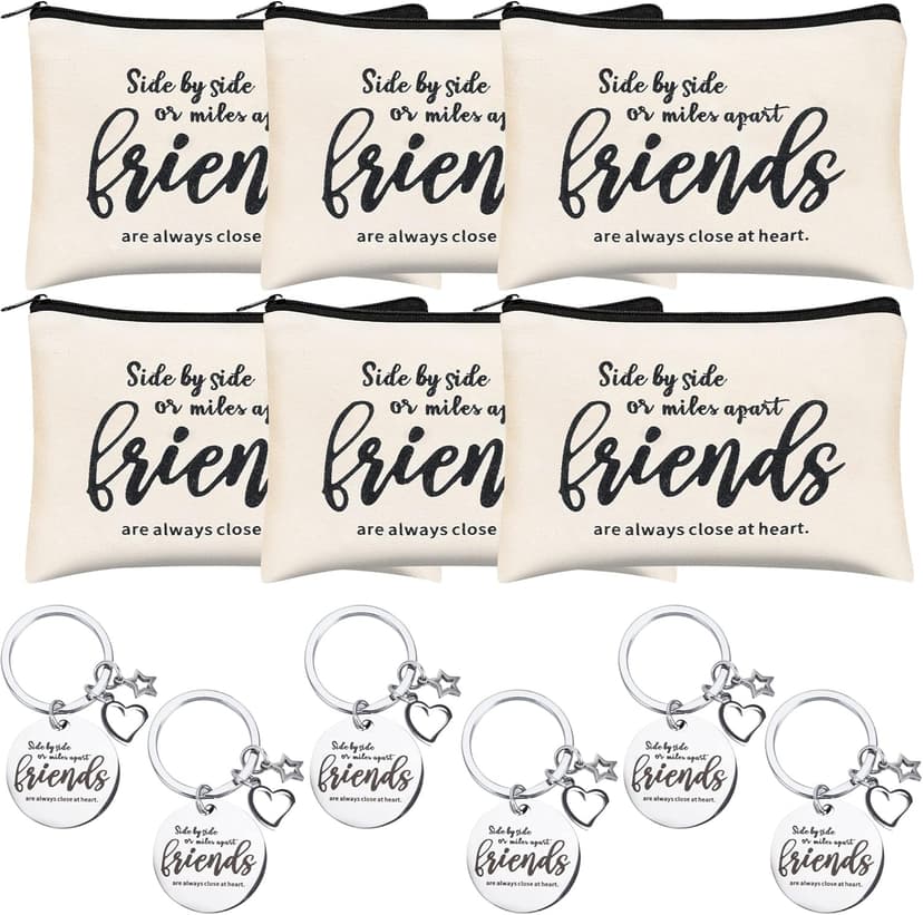 Kolewo4ever 12pc Friend Appreciation Gift Set: 6 Cosmetic Bags & 6 Keychains, White, Letter Print, Zipper Closure, Lightweight, Easy to Clean, Durable, Women Adults, Gift, Travel, Organization