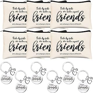 Kolewo4ever 12pc Friend Appreciation Gift Set: 6 Cosmetic Bags & 6 Keychains, White, Letter Print, Zipper Closure, Lightweight, Easy to Clean, Durable, Women Adults, Gift, Travel, Organization