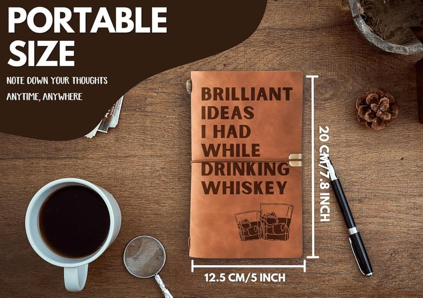 InnoBeta Whiskey gifts Leather Journal Notebook with Pen, for Whiskey Lovers, Men, Women on Birthday, Refillable Sketchbook, Travel Diary, Lined Planner, 7x5 Inches, Brown