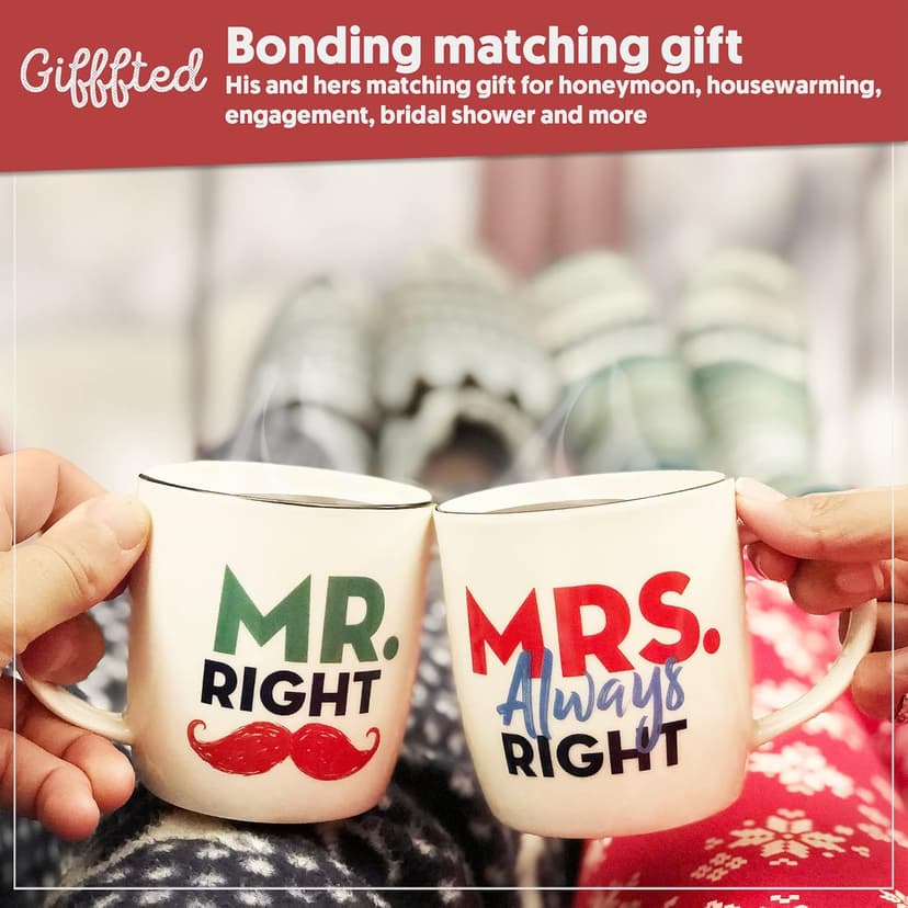 Triple Gifffted Mr Right Mrs Always Right Coffee Mugs Gifts Ideas for Couples, Wedding Anniversary, Engagement, Christmas, His & Hers, Bride and Groom, Parents, Newlyweds Bridal Shower, Ceramic 380ml
