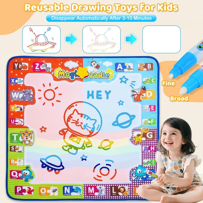 KIZZYEA Toys for 2 3 4 5 Years Old Boys Girls, Water Doodle Mat for Kids, Large Coloring Painting Writing Mat with Neon Colors, Educational Toys Christmas Birthday Gifts for Age 2-4, 3-5 Toddlers