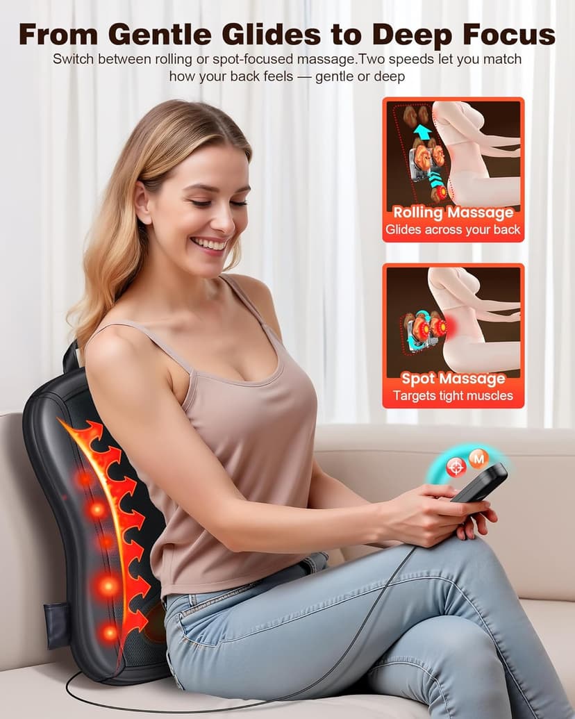 Shiatsu Back Massager with Heat : Up and Down Rolling Massage - Electric Back Massager for Pain Relief Deep Tissue - Heated Lower Back Massager for Office, Home Use