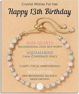 HGDEER Natural Crystal Bracelet 13th 16th Birthday Gifts for Girls - Rose Quartz Moonstone Aquamarine Healing Stones Jewelry with Meaning Card for Daughter Granddaughter