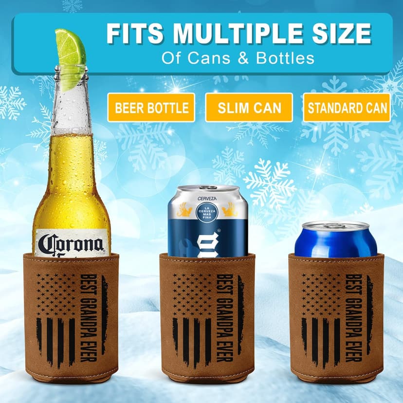 Best Grandpa Ever Gifts - Christmas, Birthday Gift For Grandpa From Granddaughter, Grandson, Kids - 12Oz Fit Collapsible Leather Beer Can Cooler Holder
