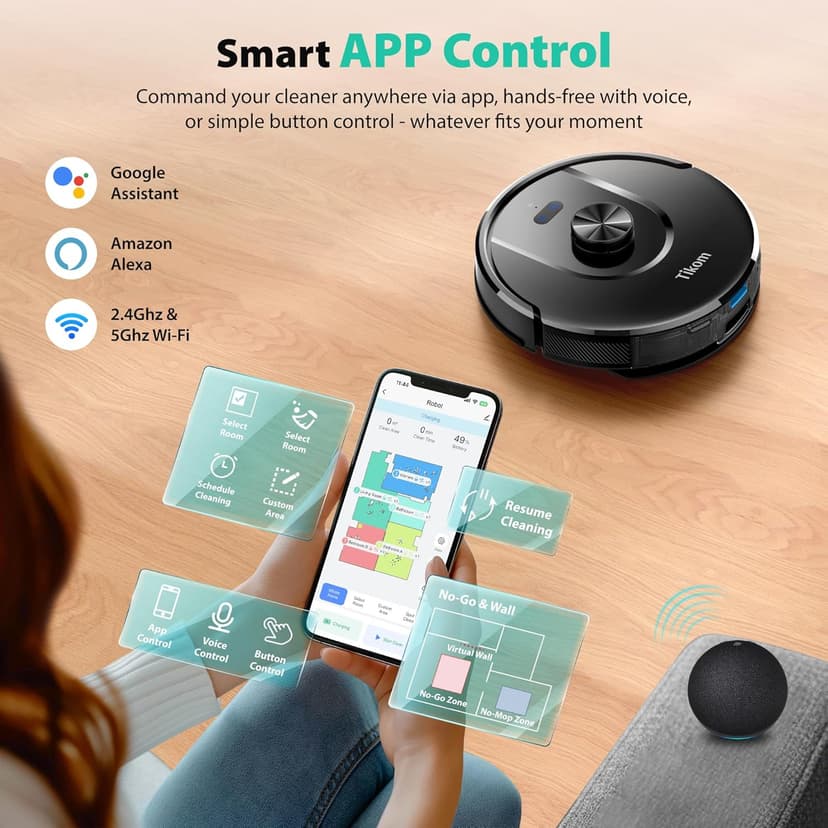 Tikom Robot Vacuum and Mop, 6000Pa Robotic Vacuum Cleaner with Self-Emptying Base, 90 Days Capacity, LiDAR Navigation, Home Mapping, Ideal for Pet Hair, Hard Floors, Carpet (L8000 Plus)