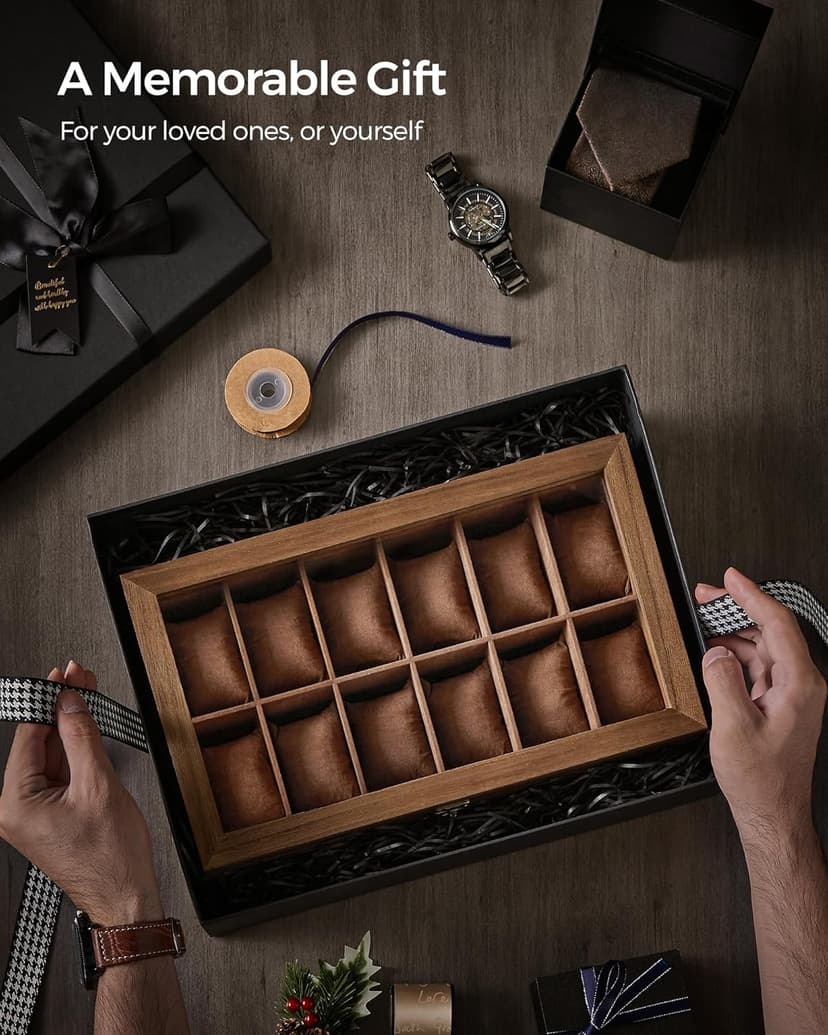 SONGMICS SONGMICS 12-Slot Watch Box, 2-Tier Watch Display Case with Large Glass Lid, Removable Watch Pillows, Velvet Lining, Jewelry Box, Gift Idea, Rustic Walnut UJOW012K01