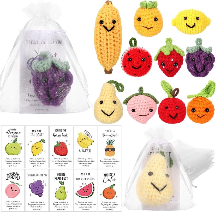 Shappy 10 Sets Inspirational Positive Fruit Toy Gift Cute Funny Wool Knitted Fruit Mini Employee Appreciation Gift Motivational Pun Card Organza Bag Classroom Team Vacation Party Favor for Student