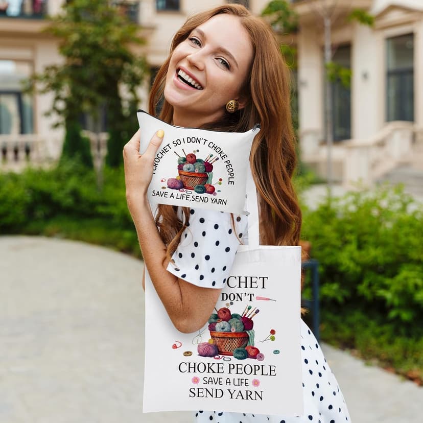 Y1tvei Crochet Canvas Tote Bag - 2Pcs Cosmetic Pouch Tote Bag Reusable Grocery Folding Shopping Bag for Crocheters Women