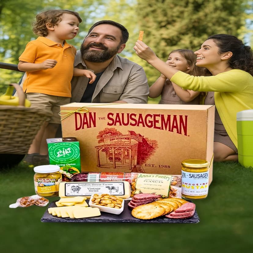 Dan the Sausageman Juneau Gourmet 8 items Gift Basket - Original Summer Sausage, Wisconsin Cheese, Mustard, Craker, Olives, Nuts and Candy | Gift Snack Box