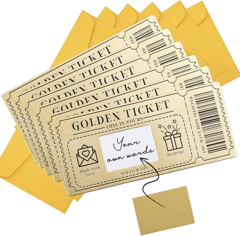 6 Pieces Golden Ticket Scratch-off Cards with Envelopes, Scratch & Reveal Surprise Ticket for Writing Your Own Special for Birthday, Girlfriends, Wives, Valentine's Day Card, Christmas Gift Card