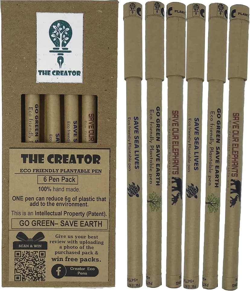 THE CREATOR The CREATOR - PLANTABLE Pens One pen reduces 6g of plastic added to the environment Go Green - Save Earth Give a gift that speaks to the Heart, Pack of (6), WILDLIFE Theme, Brown