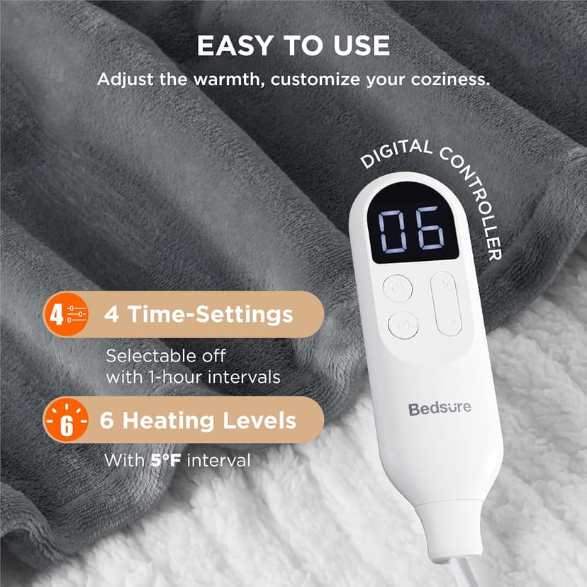 Bedsure Heated Blanket Throw Blanket - Fast Heating Electric Blanket, GentleSoft Flannel Heated Throw with 4 Time Settings, 6 Heating Settings, Warm Gifts for Grandma (50x60 inches, Grey)