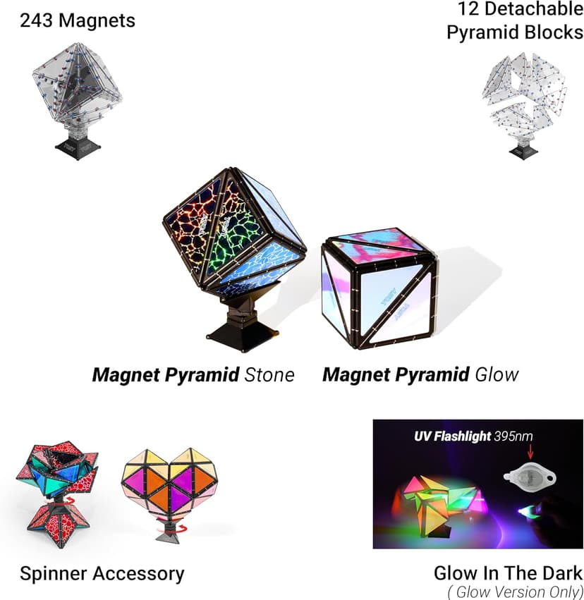 TOSY Magnet Pyramid Glow - 1 Cube Transforms into 1 Billion Shapes, 15 pcs (12 Puzzle pcs & 3 Accessories), 243 Magnets, Glowing, Christmas Stocking Stuffers Gift for Kids, Creative Puzzle STEM Toy