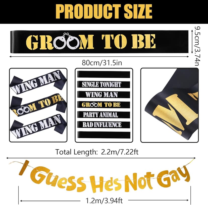 Men's Bachelor Party Decorations Kit with 1 Groom & 6 Groomsmen Belts, Gold Glitter Banner & Captain Hat for Bachelorette Party Supplies & Accessories