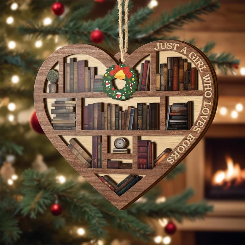 V VIBEPY All Over Printed, Book Lovers Ornaments, Bookshelf Heart Christmas Book Ornament 3.2"x3.5" 2 Layer, Gift for Girl Book Lovers, Gift Idea for Christmas