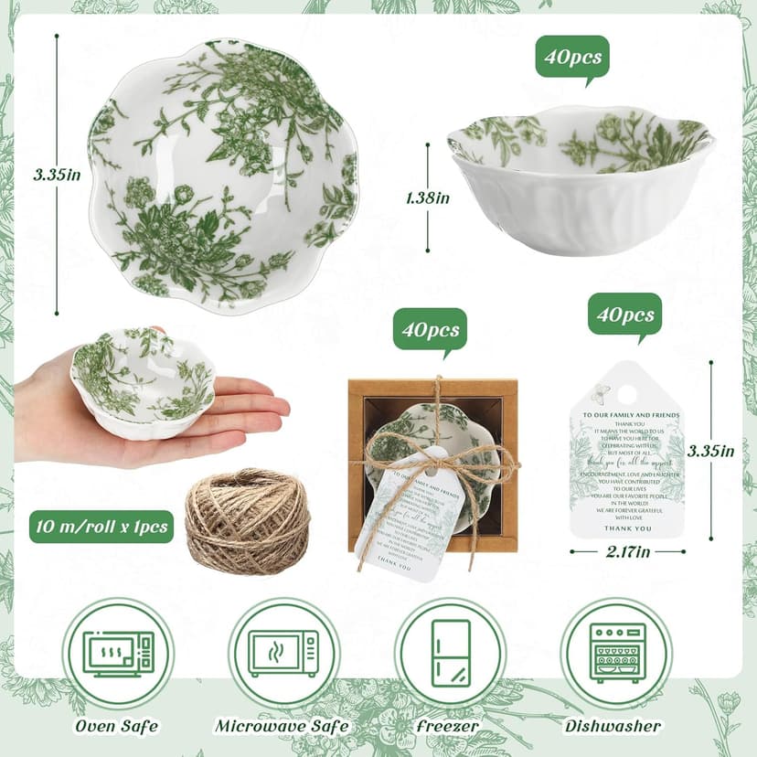 40 Pack Wedding Favors for Guests Small Ceramic Bowls Bulk Gifts Set 3.3 Inch Green Verdure Design Mini Dipping Bowl Sauce Dish with Cards Box for Party Shower Favor Souvenir