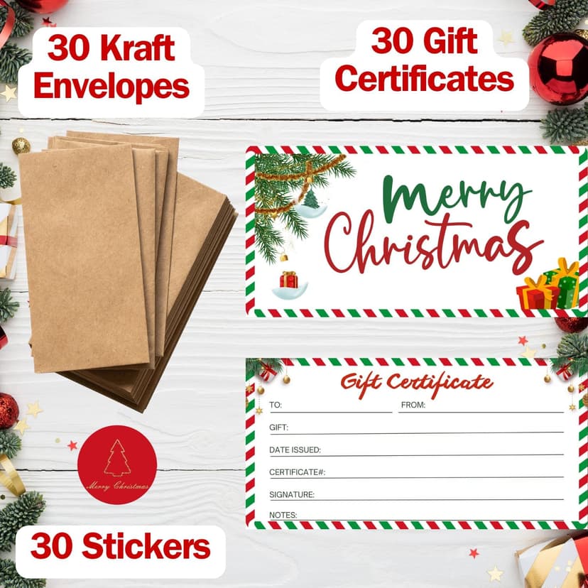 30 Pack Gift Certificates for Business with 30 Kraft Envelopes 30 Stickers for Holiday Christmas Small Business Restaurants Spa Beauty Makeup Hair Salon