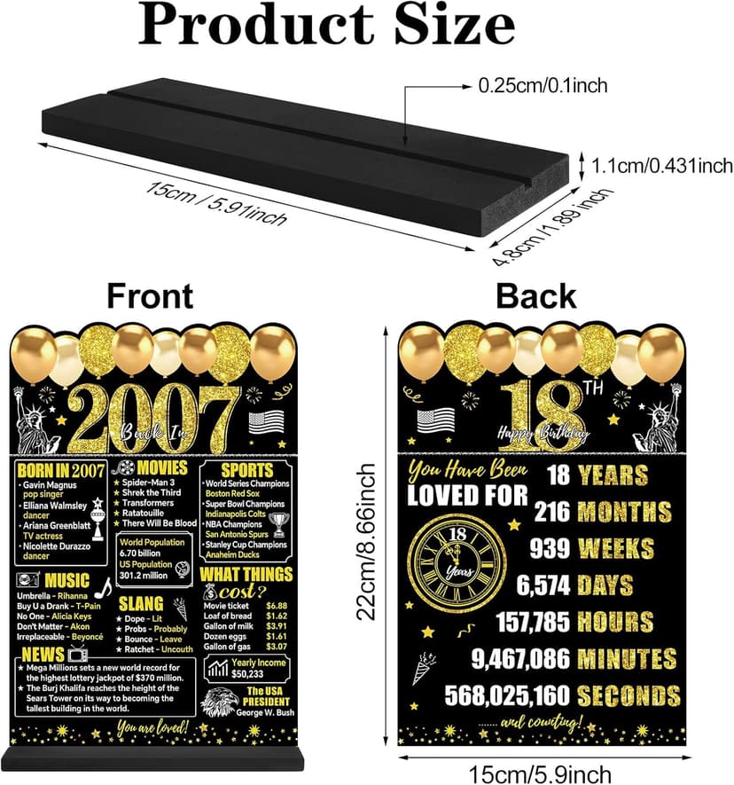 Black Gold 18th Birthday Decorations Gifts for Men Women, Two-Sided Vintage 18 Back in 2007 Theme Poster Wooden Table Sign with Stand, Eighteen Years Old Bday Centerpieces Holder for Table Decor