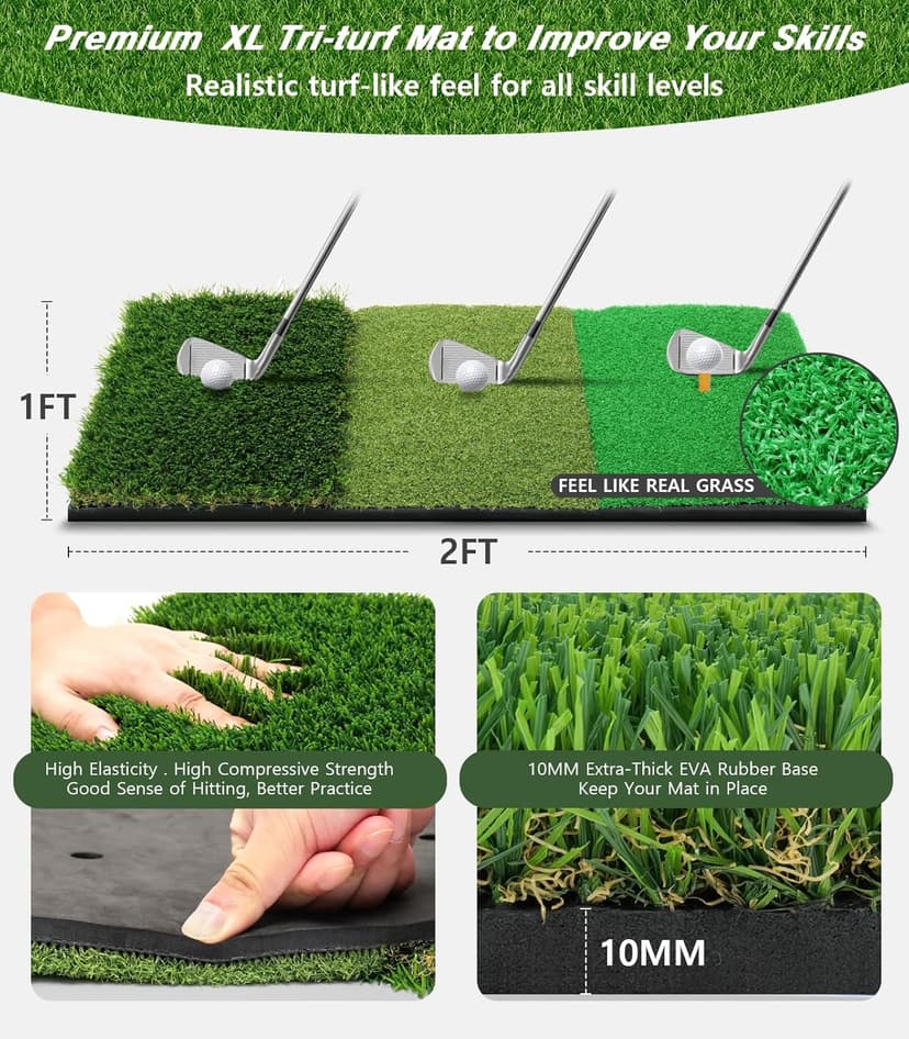 Golf Net, 10x7ft Practice Net with Tri-Turf Mat, All-in-1 Home Golf Hitting Aid for Backyard Driving Chipping Swing Training, Black