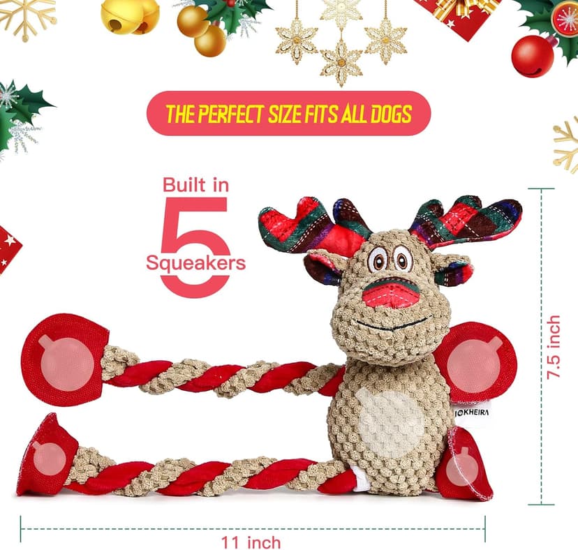 IOKHEIRA Christmas Dog Toys for Large Medium Small Breeds Dogs - Dog Toys Reindeer Squeaky Plush Stuffed Animals Dog Chew Toys with Cotton Material Crinkle Paper 25
